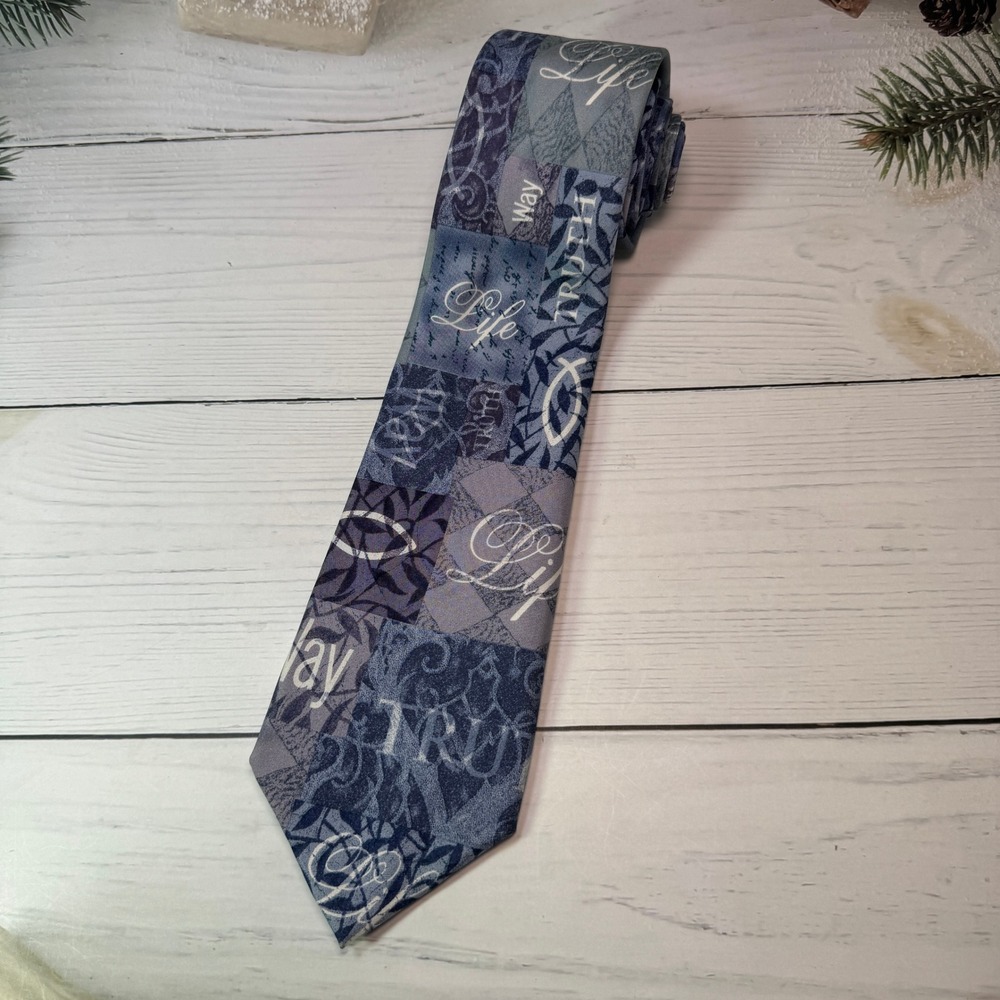 VTG Eagle Neckwear Silk Tie Mens Blue 90s Christian Ichthys Truth Faith